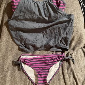 Gray and Pink Striped Swimsuit Set